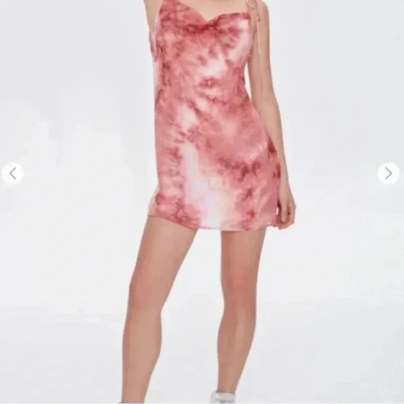 FOREVER 21 Mauve Pink Tie-Dye Cowl Neck 90s Mini Dress Smal Tie Spaghetti Straps - Picture 9 of 9